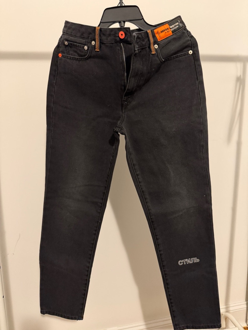 Heron Preston Black Skinny Jeans with Orange Accents